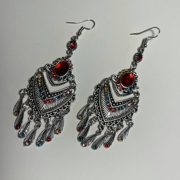 Bohemian dangle earrings silver multicolored rainbow red boho - Picture 2 of 4